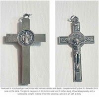 Featured is a sculpted pectoral cross with intricate details and depth, complemented by the St. Benedict PAX seal on the back. The piece measures 1 3/4 inches wide and 3 inches long, showcasing quality and a substantial weight, making it feel like wearing a piece of art with a story.